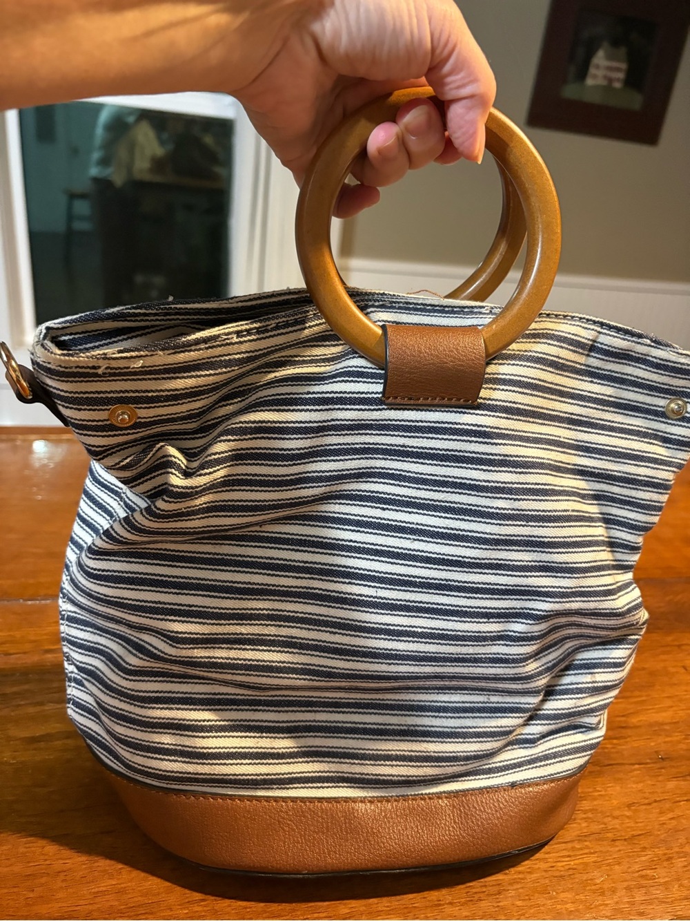 Striped Navy and White Canvas Tote with Tan Leather Trim